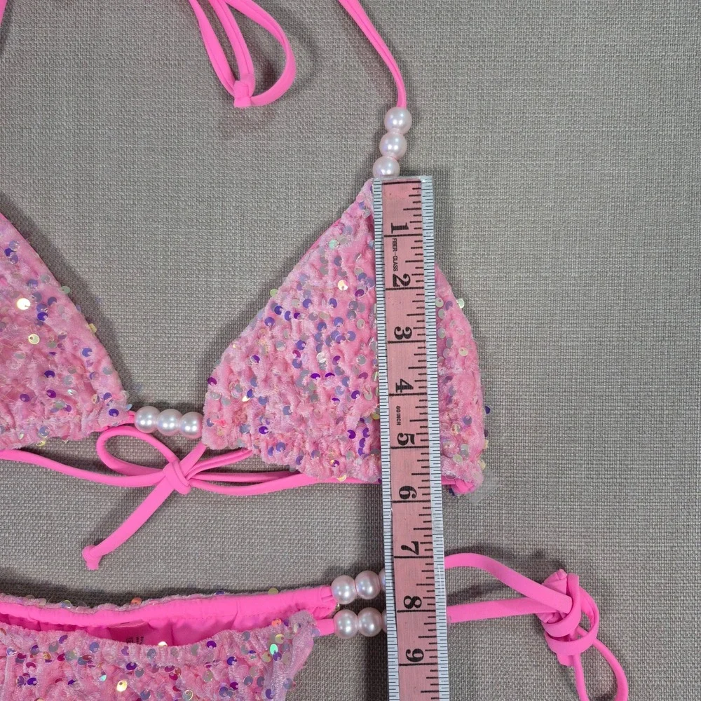 Pink Sequin Pearl Beaded Bikini Set Sexy Two Piece Swimsuit Women Size Small
